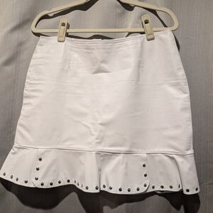White Leather Ruffled Skirt with Studded Hem